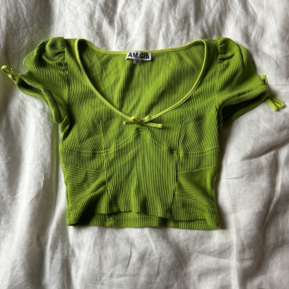 I.AM.GIA Neon Green Ribbed Sweetheart Crop Top